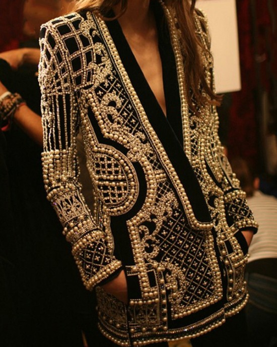 Original Creation Loose Long Sleeves Beads Printed V-Neck Blazer Outerwear