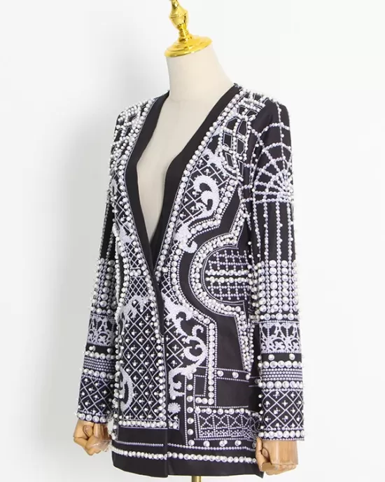 Original Creation Loose Long Sleeves Beads Printed V-Neck Blazer Outerwear