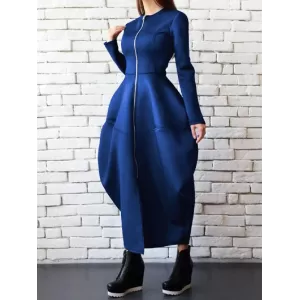 Split-Joint Zipper Round-Neck Maxi Dress Coat Bubble Dress