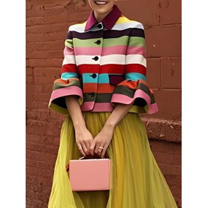 Flared Sleeves Multi-Colored Striped Lapel Jackets Outerwear