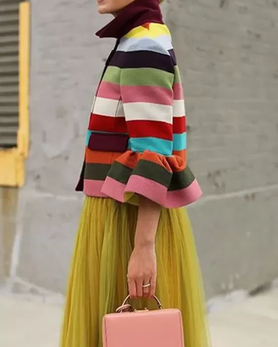 Flared Sleeves Multi-Colored Striped Lapel Jackets Outerwear