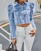 Fringed Pleated Split-Joint Long Sleeves Puff Sleeves Lapel Denim Jackets