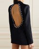 Backless Buttoned Hollow Rhine Stones Solid Color Long Sleeves Deep V-Neck Blazer