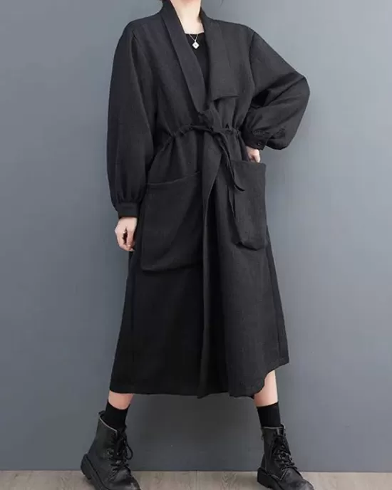 Drawstring Pockets Long Sleeves Loose Lapel Trench Coats