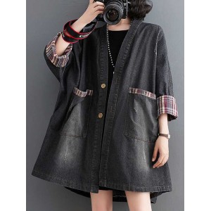 Buttoned Plaid Pockets Split-Joint Long Sleeves Loose V-Neck Denim Outerwear