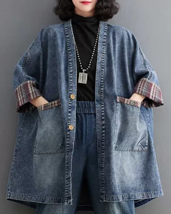 Buttoned Plaid Pockets Split-Joint Long Sleeves Loose V-Neck Denim Outerwear