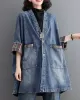 Buttoned Plaid Pockets Split-Joint Long Sleeves Loose V-Neck Denim Outerwear