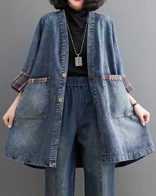 Buttoned Plaid Pockets Split-Joint Long Sleeves Loose V-Neck Denim Outerwear