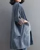 Buttoned Plaid Pockets Split-Joint Long Sleeves Loose V-Neck Denim Outerwear