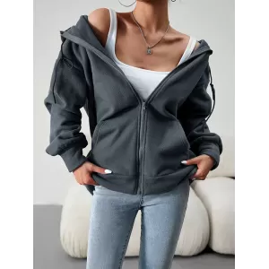 Drawstring Zipper Long Sleeves Loose Hooded Outerwear Jackets