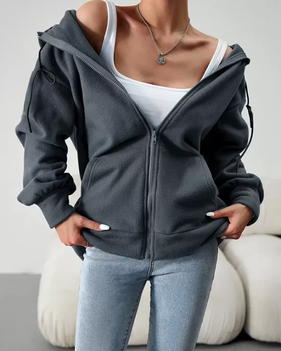 Drawstring Zipper Long Sleeves Loose Hooded Outerwear Jackets