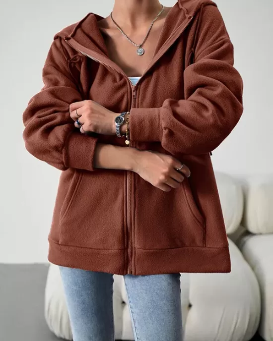 Drawstring Zipper Long Sleeves Loose Hooded Outerwear Jackets