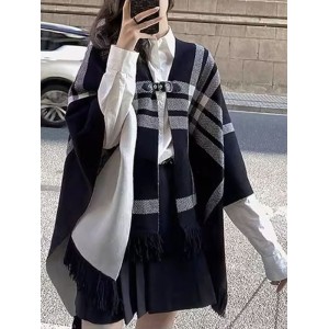 Contrast Color Plaid Split-Joint Long Sleeves Loose V-Neck Cape