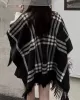 Contrast Color Plaid Split-Joint Long Sleeves Loose V-Neck Cape