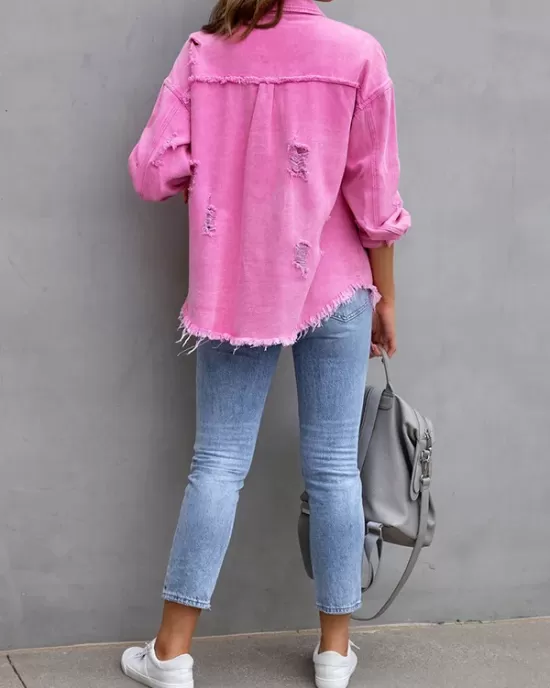 Fringed Pockets Long Sleeves Loose Lapel Outerwear