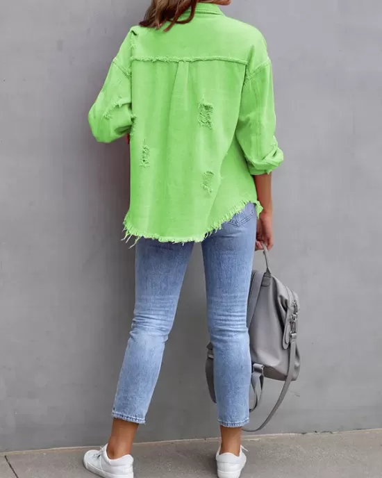 Fringed Pockets Long Sleeves Loose Lapel Outerwear