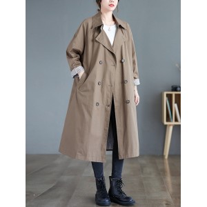 Buttoned Pockets Long Sleeves Loose Notched Collar Trench Coats