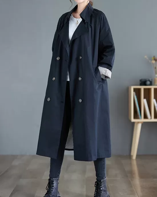 Buttoned Pockets Long Sleeves Loose Notched Collar Trench Coats