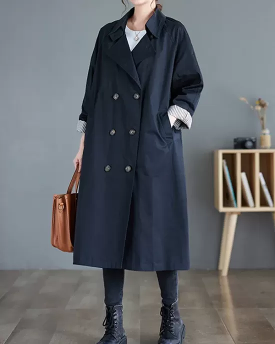 Buttoned Pockets Long Sleeves Loose Notched Collar Trench Coats