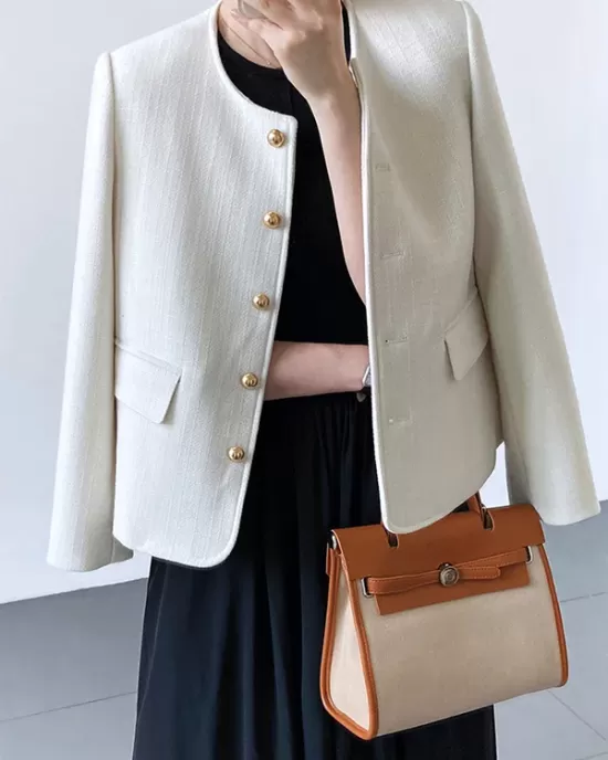 Buttoned Solid Color Long Sleeves Loose Round-Neck Outerwear