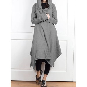 Irregular Clipping Long Sleeves Solid Color Hooded Outerwear