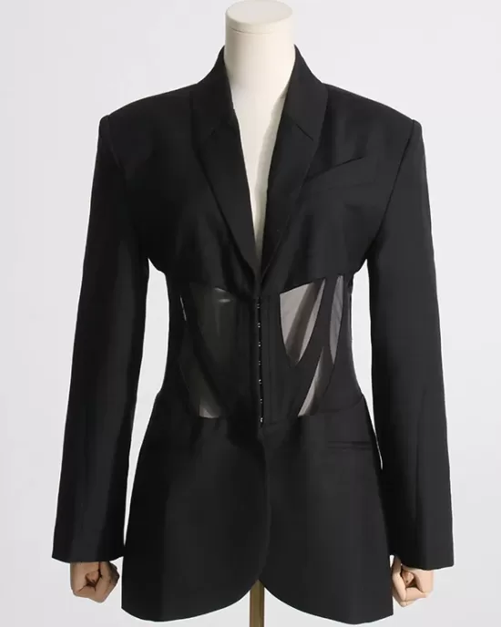 Buckle Gauze See-Through Solid Color Split-Joint Long Sleeves Notched Collar Blazer