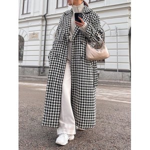 Houndstooth Split-back Split-Joint Tied Waist Long Sleeves Loose Lapel Trench Coats