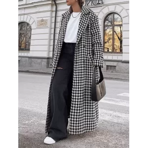 Houndstooth Split-back Split-Joint Tied Waist Long Sleeves Loose Lapel Trench Coats