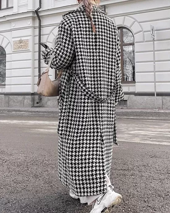 Houndstooth Split-back Split-Joint Tied Waist Long Sleeves Loose Lapel Trench Coats