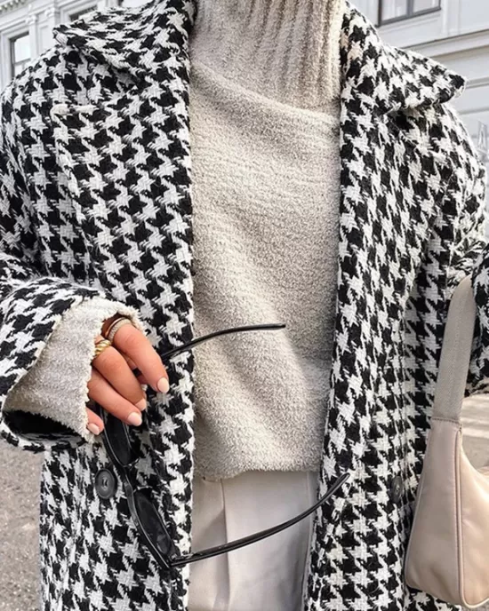 Houndstooth Split-back Split-Joint Tied Waist Long Sleeves Loose Lapel Trench Coats