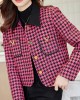 Buttoned Houndstooth Pockets Split-Joint Long Sleeves Plus Size Lapel Outerwear