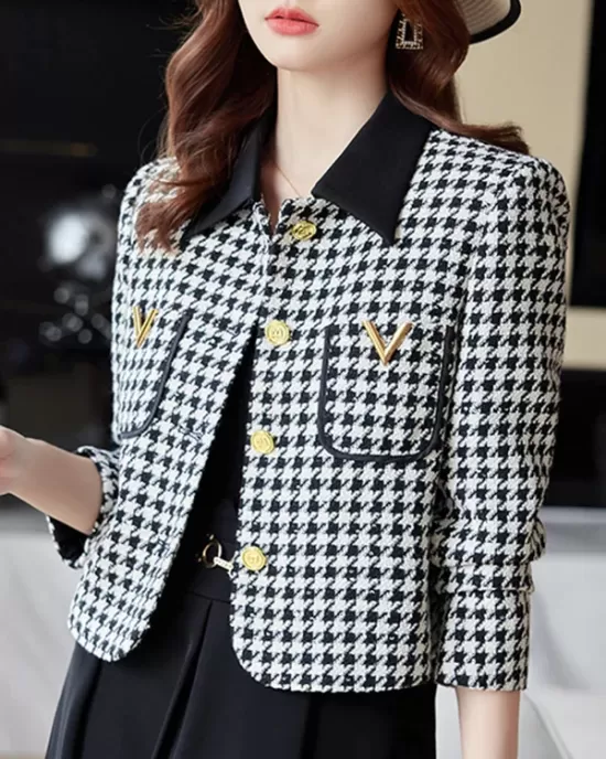 Buttoned Houndstooth Pockets Split-Joint Long Sleeves Plus Size Lapel Outerwear