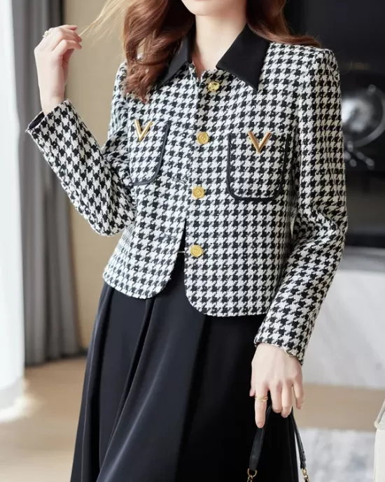 Buttoned Houndstooth Pockets Split-Joint Long Sleeves Plus Size Lapel Outerwear