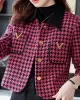 Buttoned Houndstooth Pockets Split-Joint Long Sleeves Plus Size Lapel Outerwear