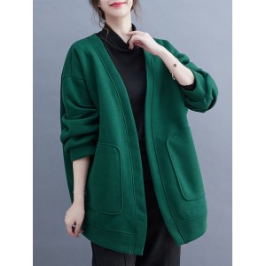 Pockets Solid Color Long Sleeves Loose Collarless Outerwear