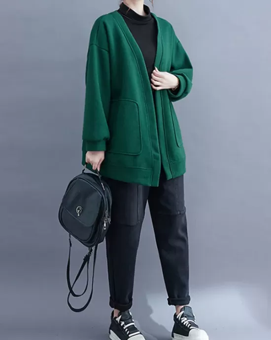 Pockets Solid Color Long Sleeves Loose Collarless Outerwear