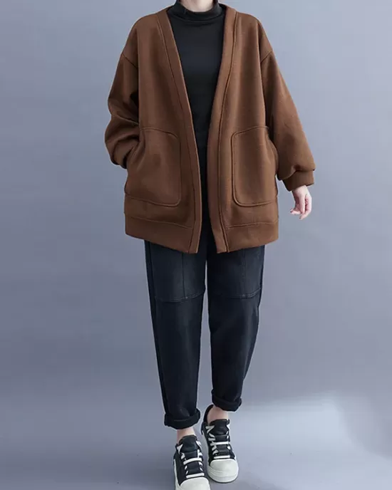 Pockets Solid Color Long Sleeves Loose Collarless Outerwear