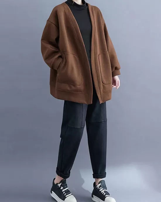 Pockets Solid Color Long Sleeves Loose Collarless Outerwear