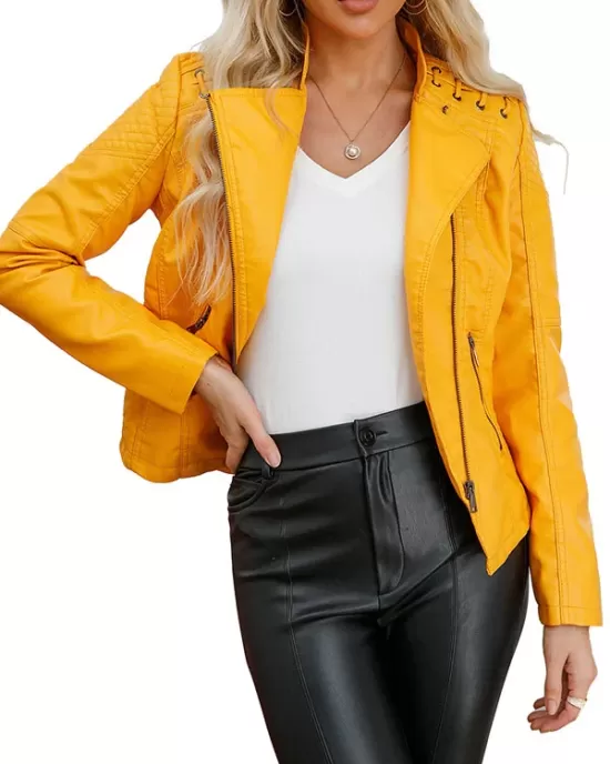 Split-Joint Zipper Long Sleeves Mock Neck Outerwear PU Jackets