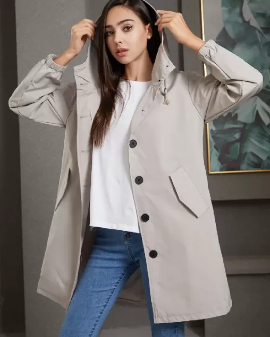 Buttoned Drawstring Elasticity Hooded Pockets Split-Back Waterproof Long Sleeves Loose High-Neck Trench Coats