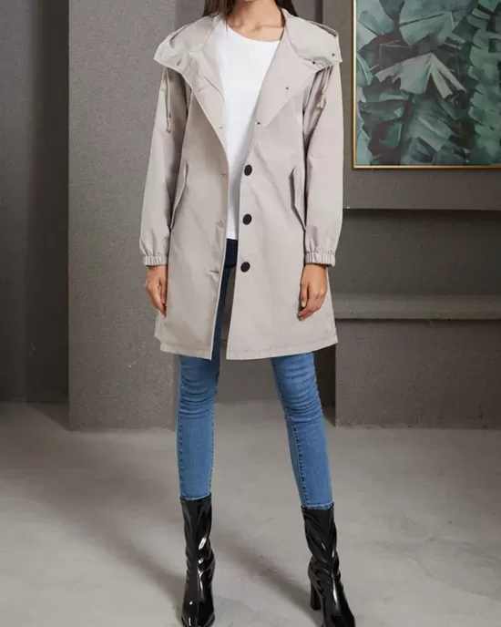 Buttoned Drawstring Elasticity Hooded Pockets Split-Back Waterproof Long Sleeves Loose High-Neck Trench Coats