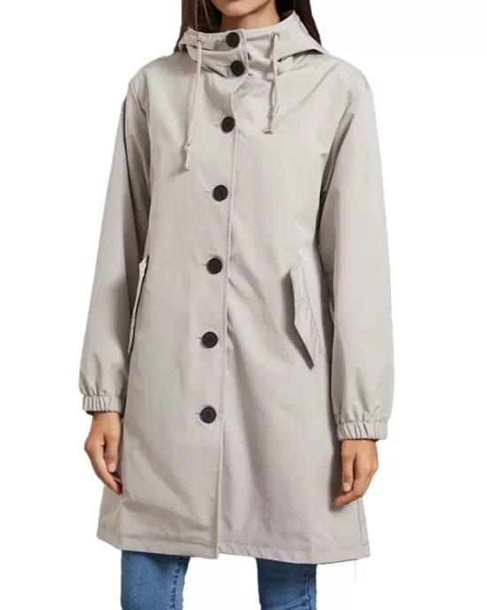 Buttoned Drawstring Elasticity Hooded Pockets Split-Back Waterproof Long Sleeves Loose High-Neck Trench Coats