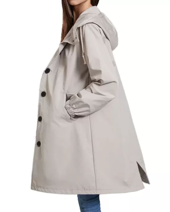 Buttoned Drawstring Elasticity Hooded Pockets Split-Back Waterproof Long Sleeves Loose High-Neck Trench Coats