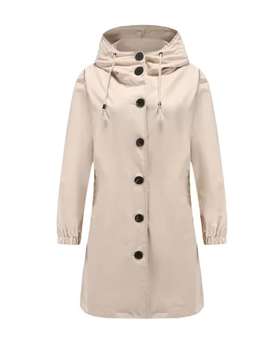 Buttoned Drawstring Elasticity Hooded Pockets Split-Back Waterproof Long Sleeves Loose High-Neck Trench Coats