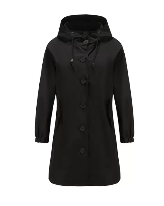 Buttoned Drawstring Elasticity Hooded Pockets Split-Back Waterproof Long Sleeves Loose High-Neck Trench Coats