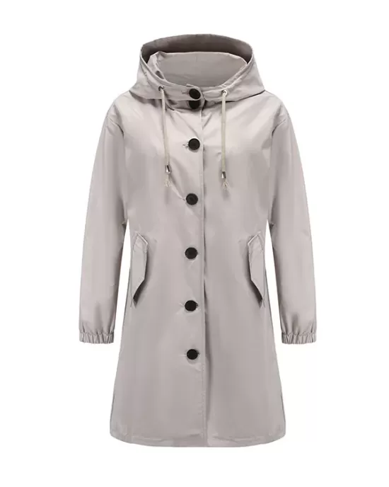 Buttoned Drawstring Elasticity Hooded Pockets Split-Back Waterproof Long Sleeves Loose High-Neck Trench Coats