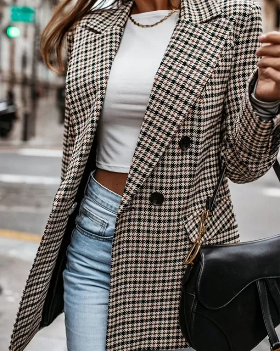 Buttoned Houndstooth Long Sleeves Loose Notched Collar Outerwear Blazer