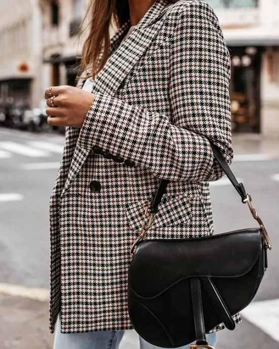 Buttoned Houndstooth Long Sleeves Loose Notched Collar Outerwear Blazer