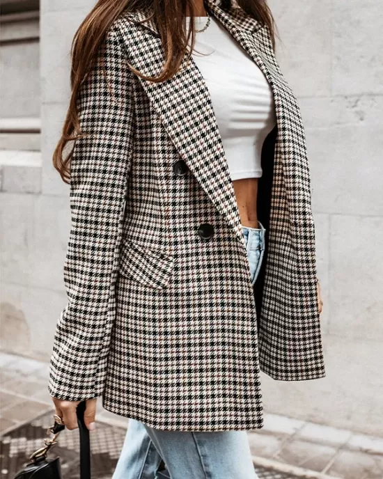 Buttoned Houndstooth Long Sleeves Loose Notched Collar Outerwear Blazer