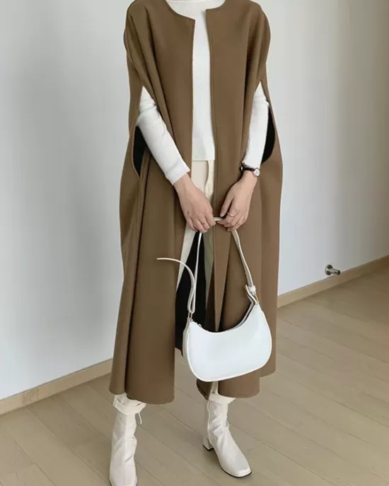 Solid Color Loose Sleeveless Round-Neck Outerwear Cape